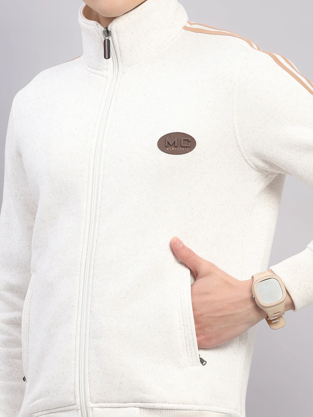 Men Camel Brown Solid Stand Collar Full Sleeve Winter Tracksuit - Image 8