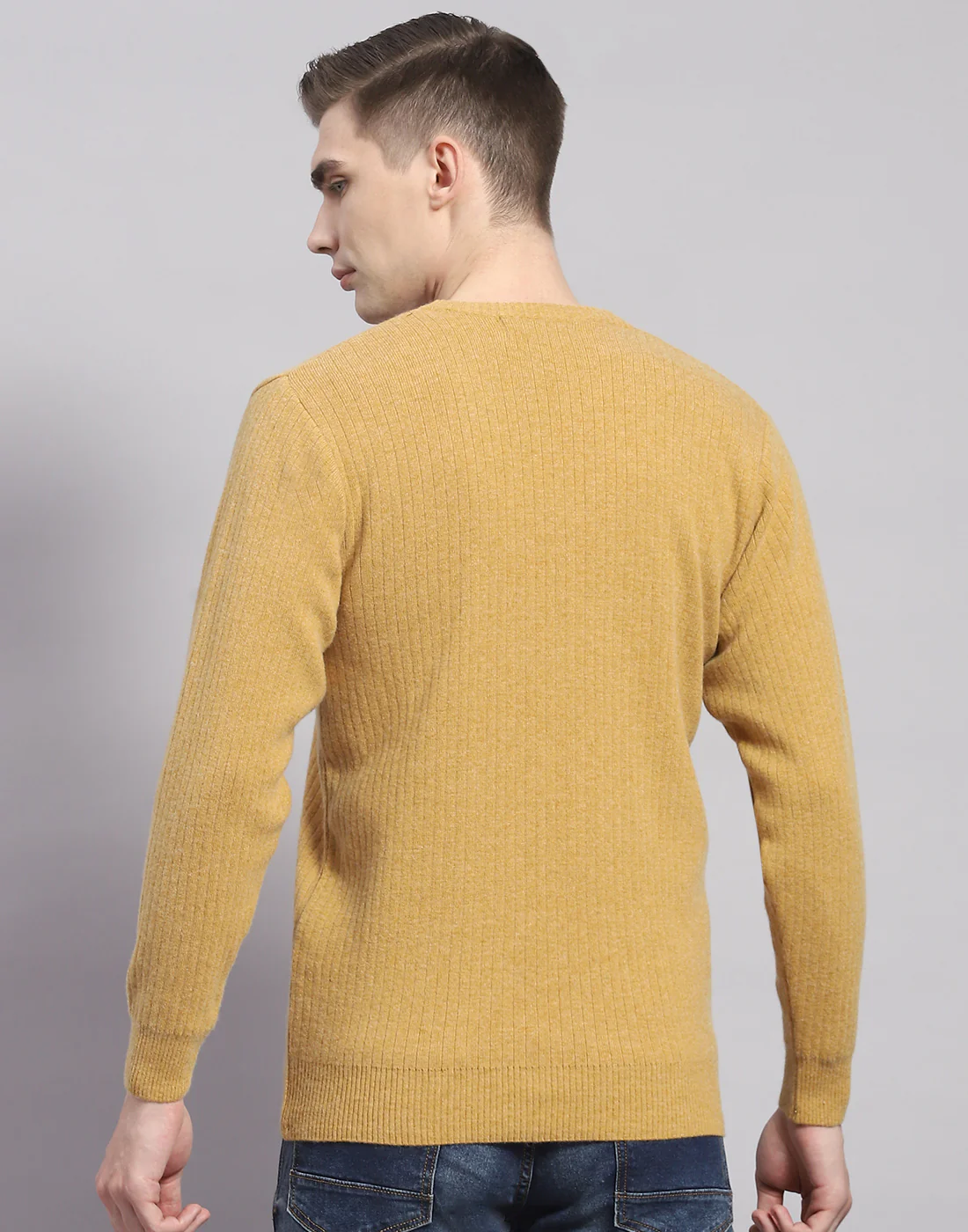 Men Camel Brown Solid V Neck Full Sleeve Pullover - Image 5