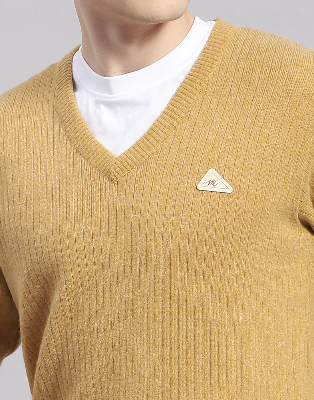Men Camel Brown Solid V Neck Full Sleeve Pullover - Image 6