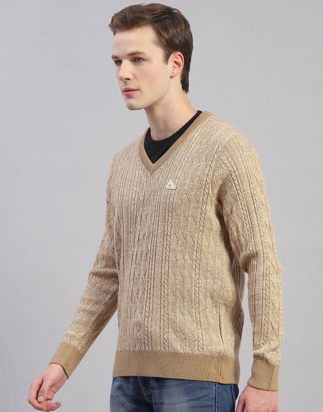Men Camel Brown Solid V Neck Full Sleeve Pullover - Image 5