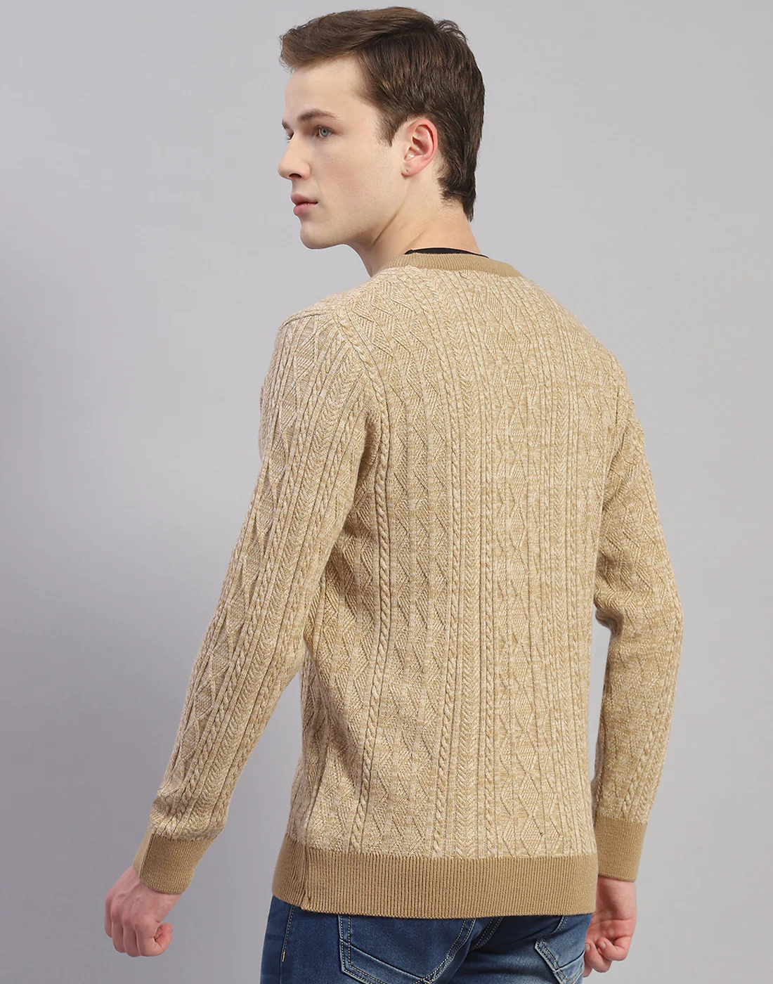 Men Camel Brown Solid V Neck Full Sleeve Pullover - Image 6