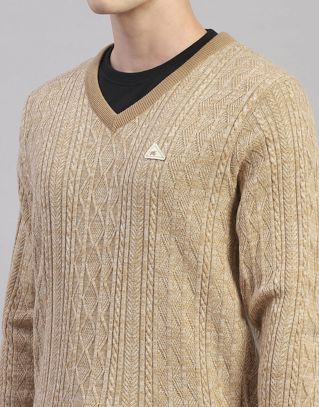Men Camel Brown Solid V Neck Full Sleeve Pullover - Image 7