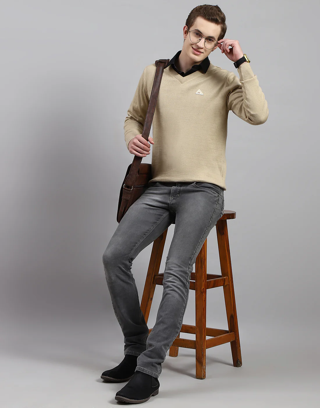 Men Camel Brown Solid V Neck Full Sleeve Pullover - Image 2