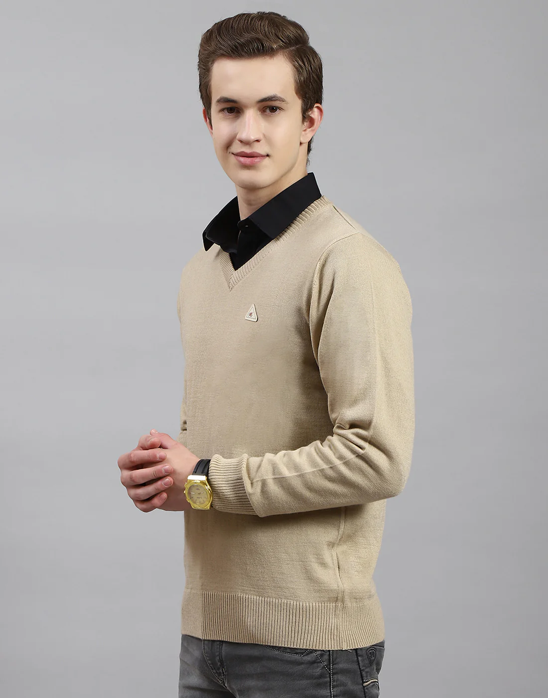 Men Camel Brown Solid V Neck Full Sleeve Pullover - Image 3