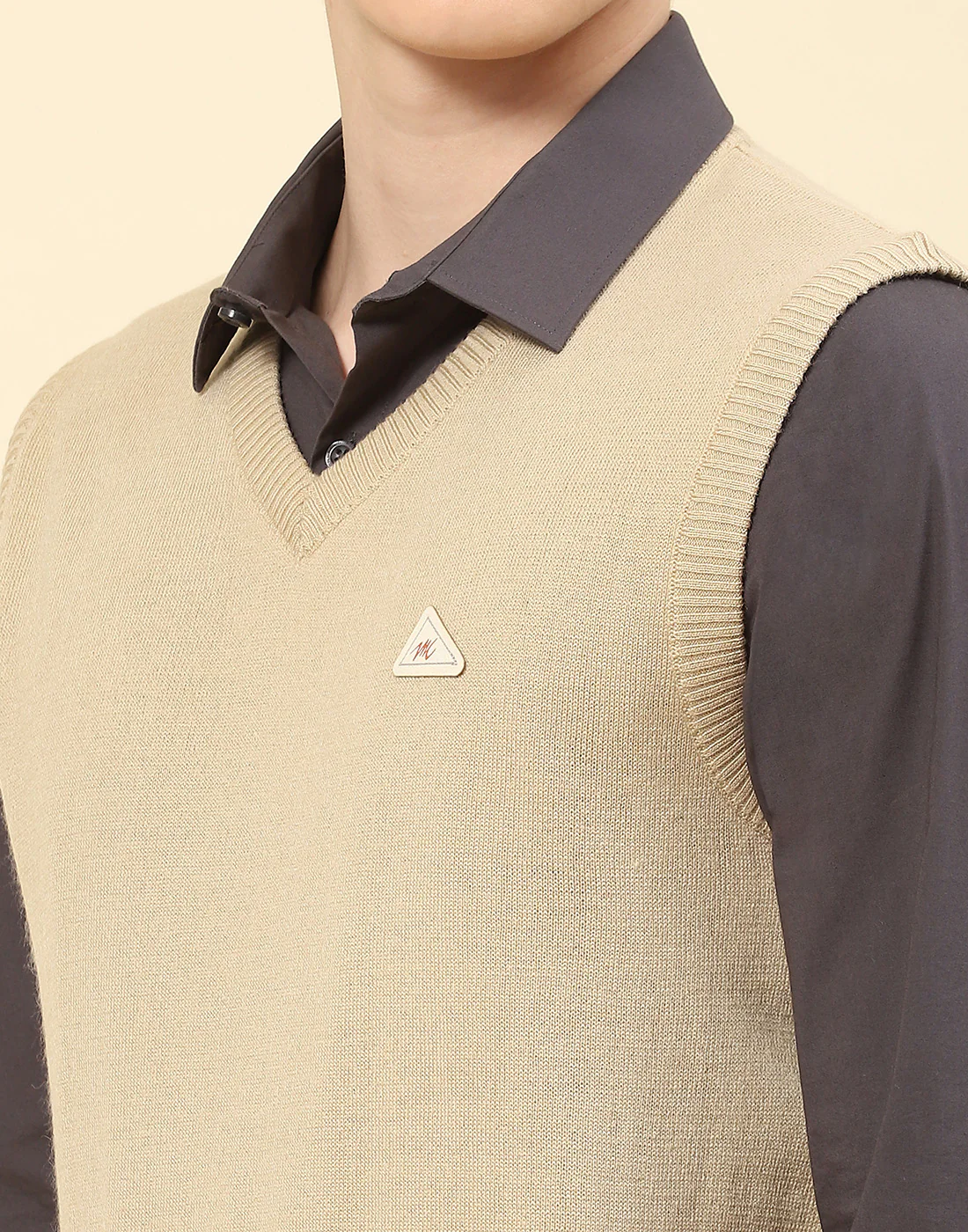 Men Camel Brown Solid V Neck Sleeveless Sweater - Image 6
