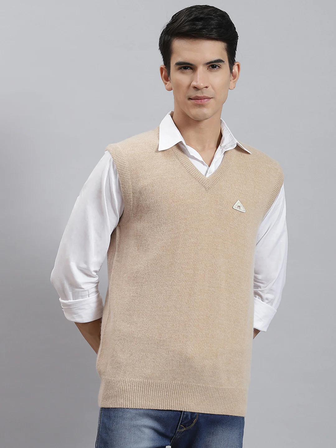Men Camel Brown Solid V Neck Sleeveless Sweaters/Pullovers - Image 2