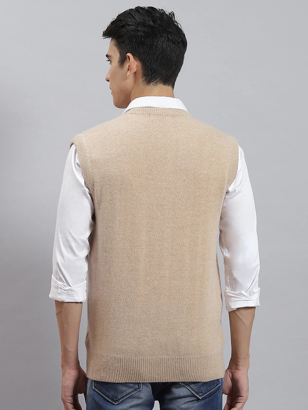 Men Camel Brown Solid V Neck Sleeveless Sweaters/Pullovers - Image 5