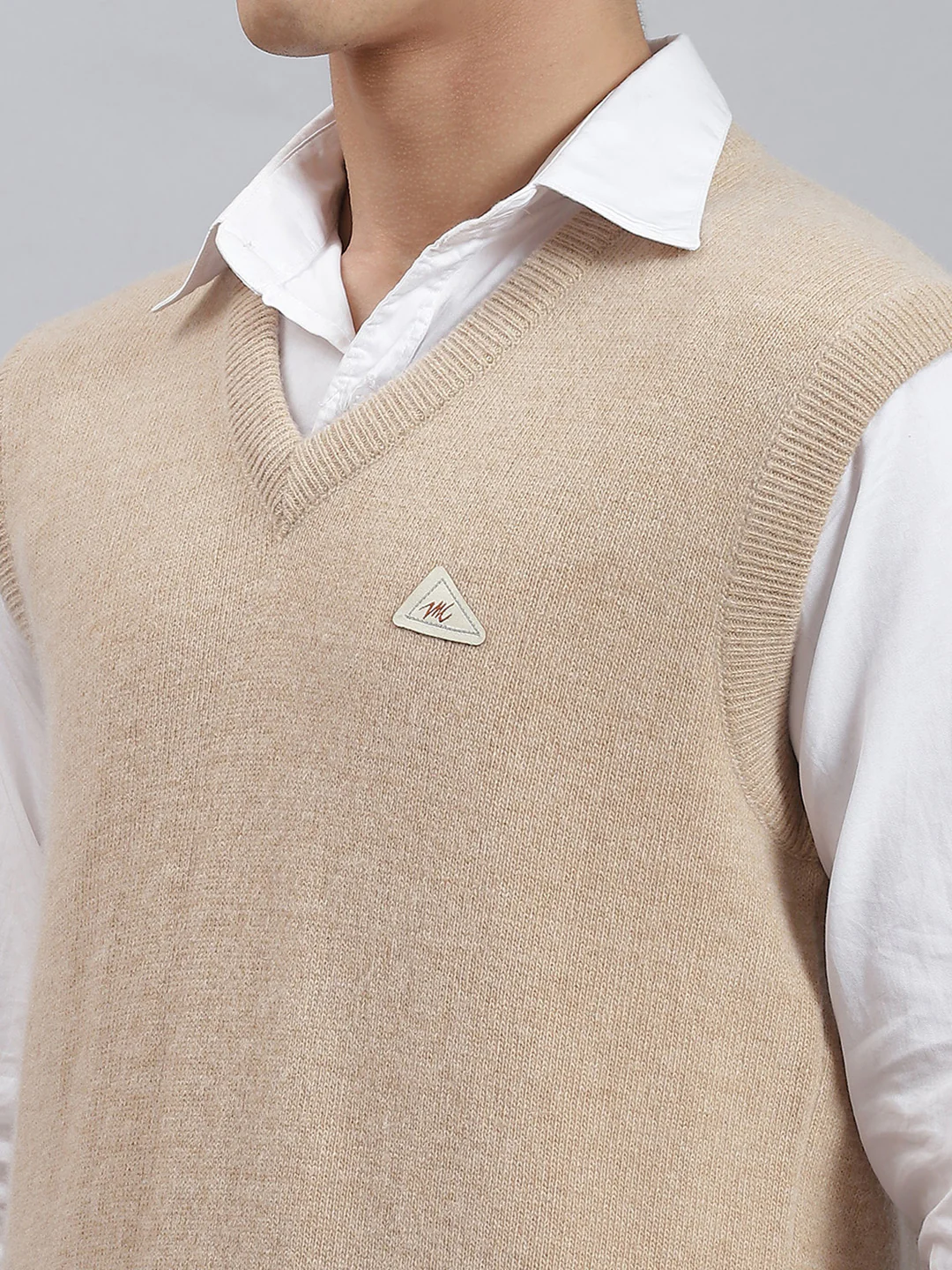 Men Camel Brown Solid V Neck Sleeveless Sweaters/Pullovers - Image 6