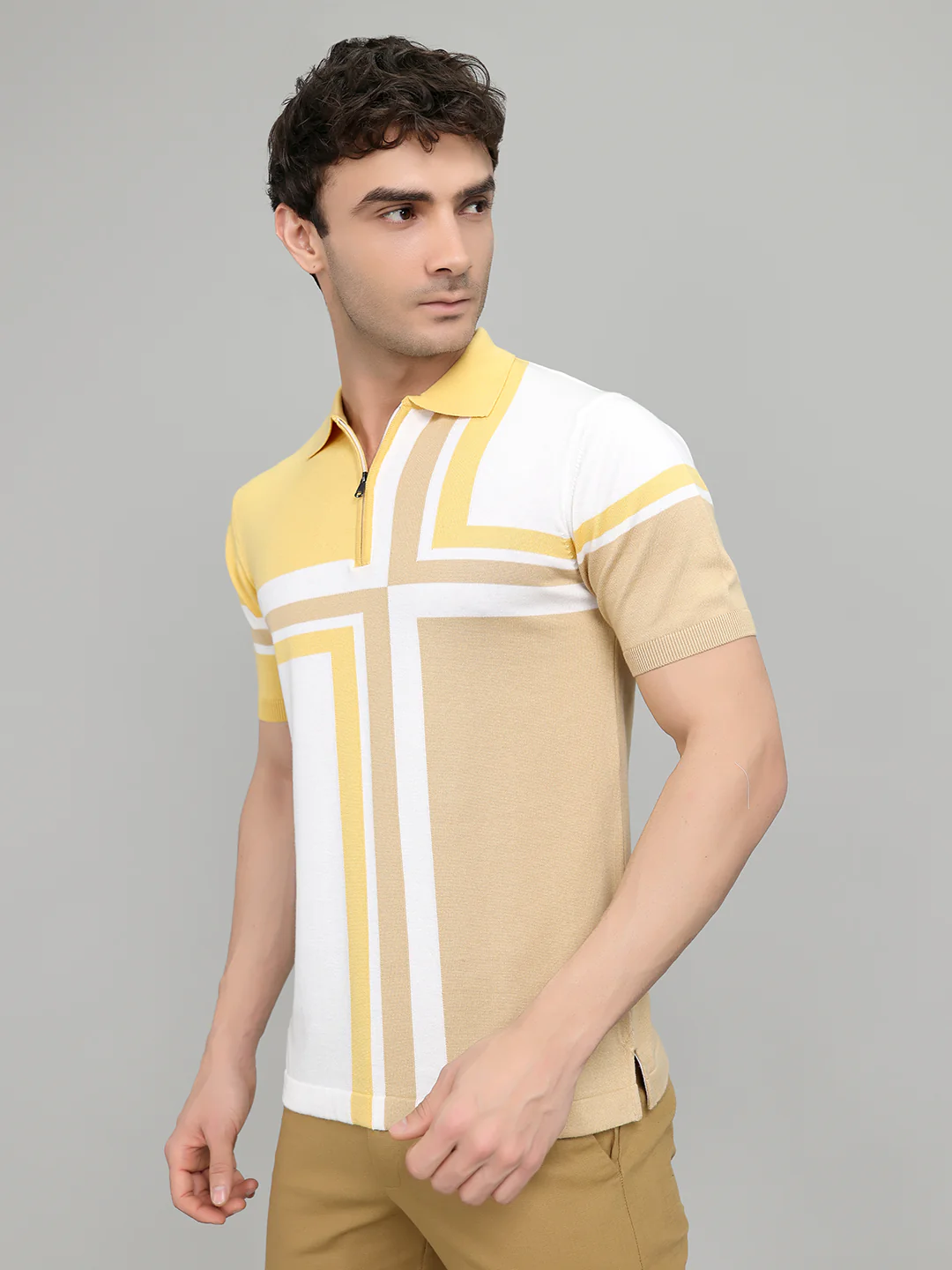 Men Camel Brown Stripe Collar Half Sleeve T-Shirt - Image 2