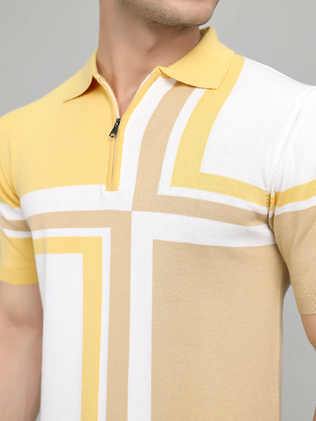 Men Camel Brown Stripe Collar Half Sleeve T-Shirt - Image 5