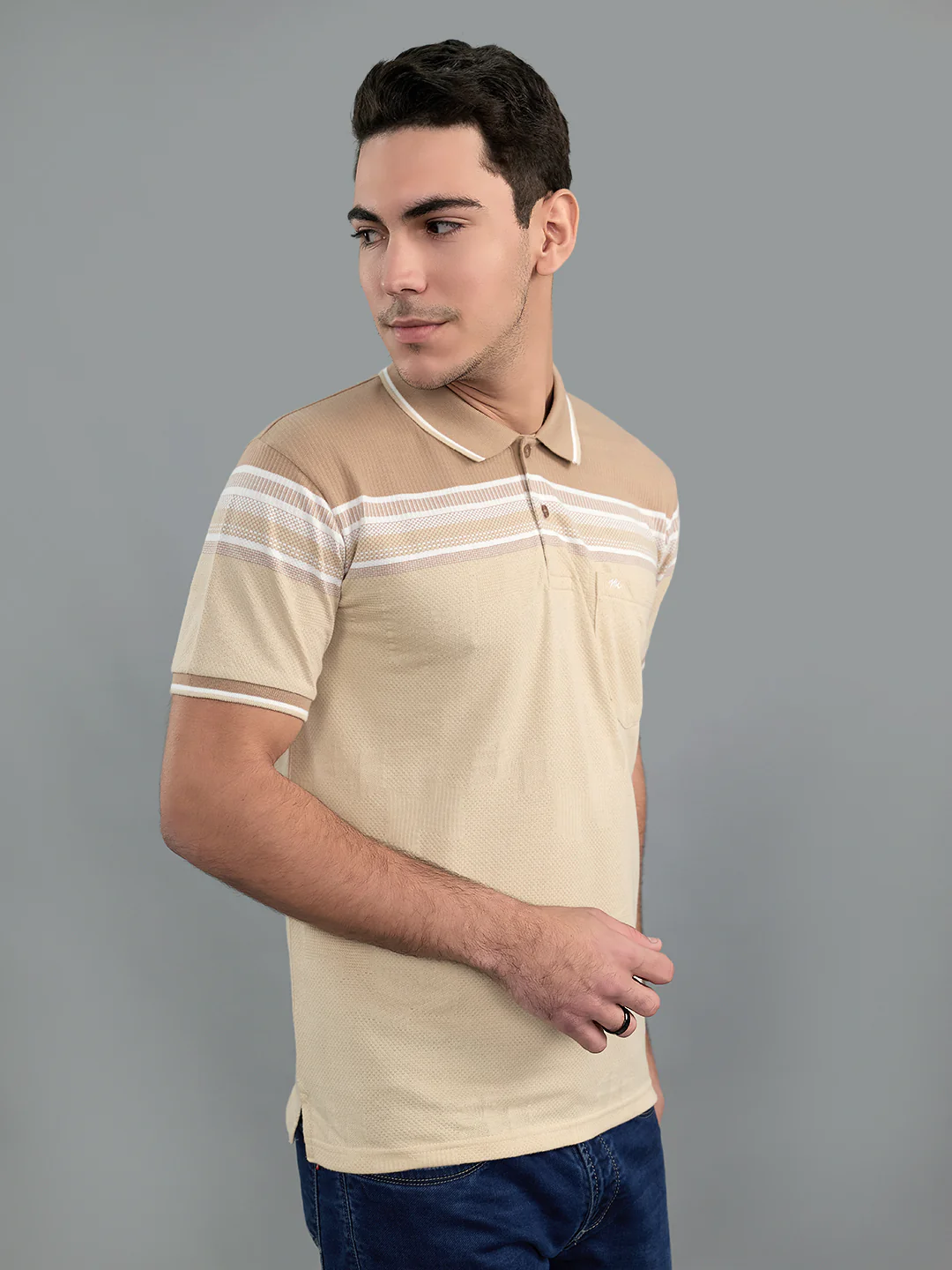 Men Camel Brown Stripe Collar Half Sleeve T-Shirt - Image 2