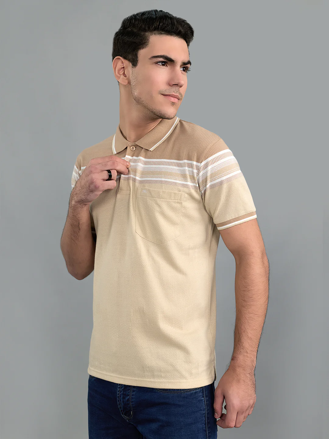 Men Camel Brown Stripe Collar Half Sleeve T-Shirt - Image 3