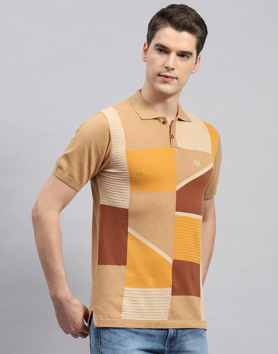 Men Camel Brown Stripe Polo Collar Half Sleeve T-Shirt - Image 4