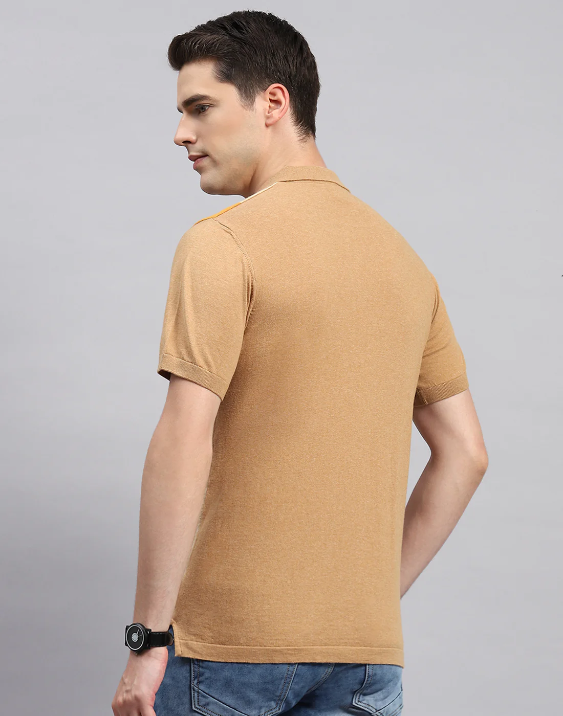 Men Camel Brown Stripe Polo Collar Half Sleeve T-Shirt - Image 5