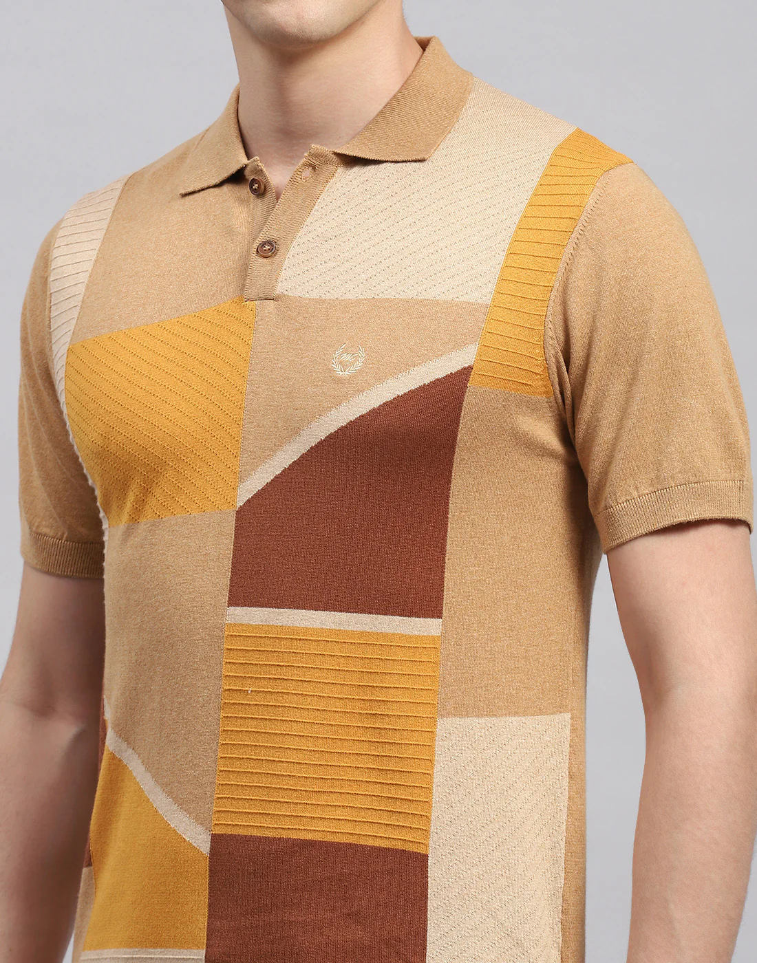 Men Camel Brown Stripe Polo Collar Half Sleeve T-Shirt - Image 6