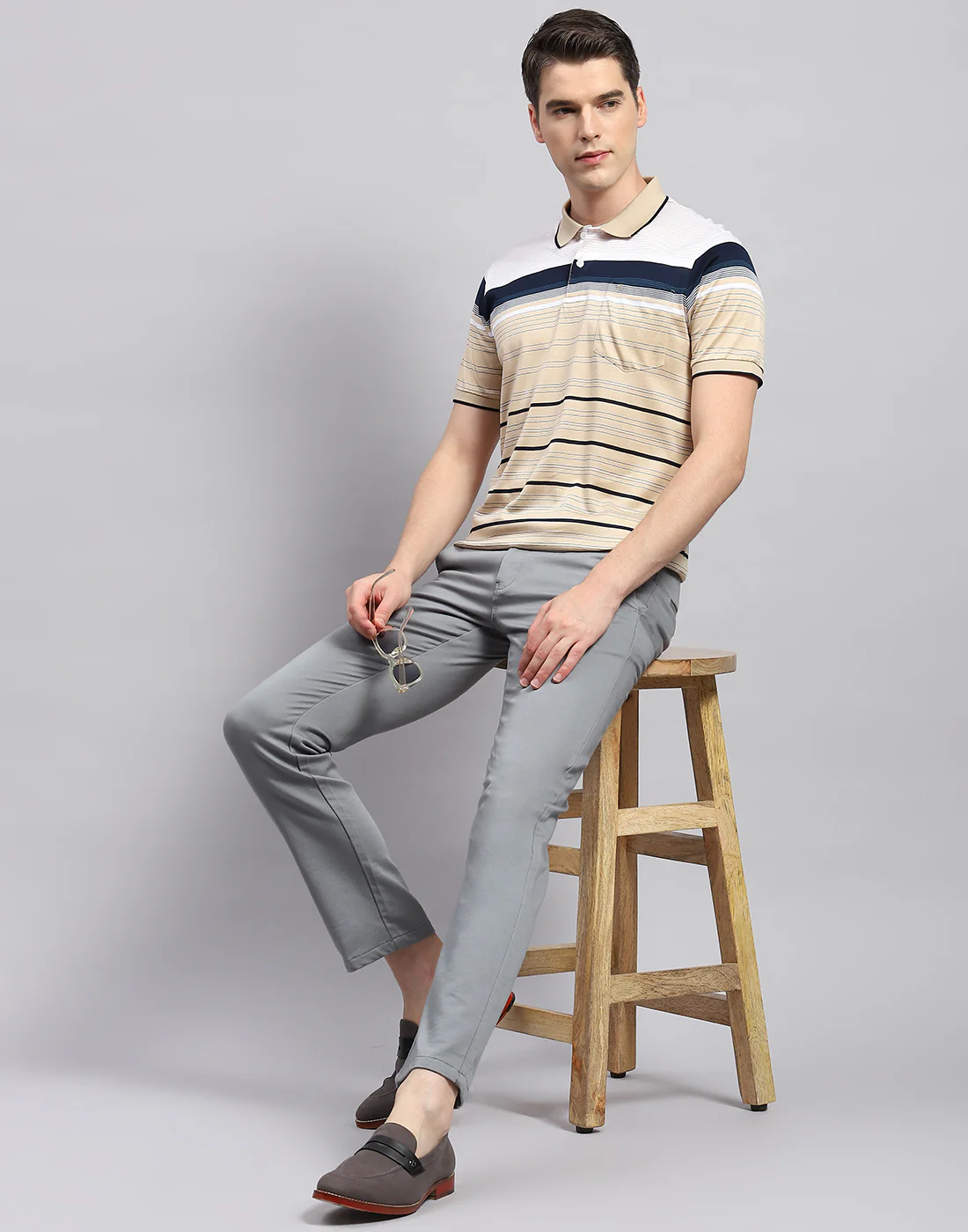 Men Camel Brown Stripe Polo Collar Half Sleeve T-Shirt - Image 2