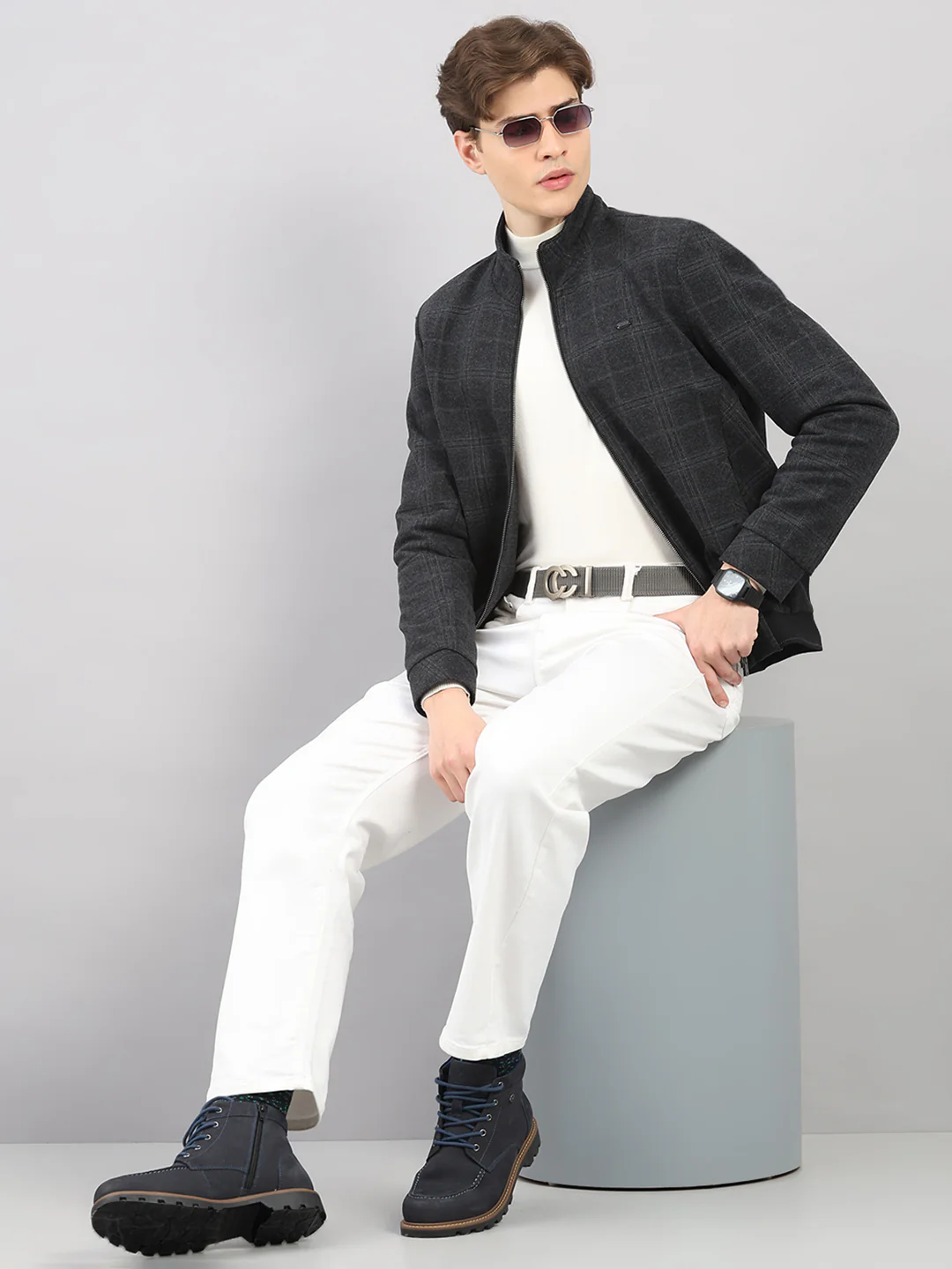 Men Charcoal Check Stand Collar Full Sleeve Jacket - Image 2