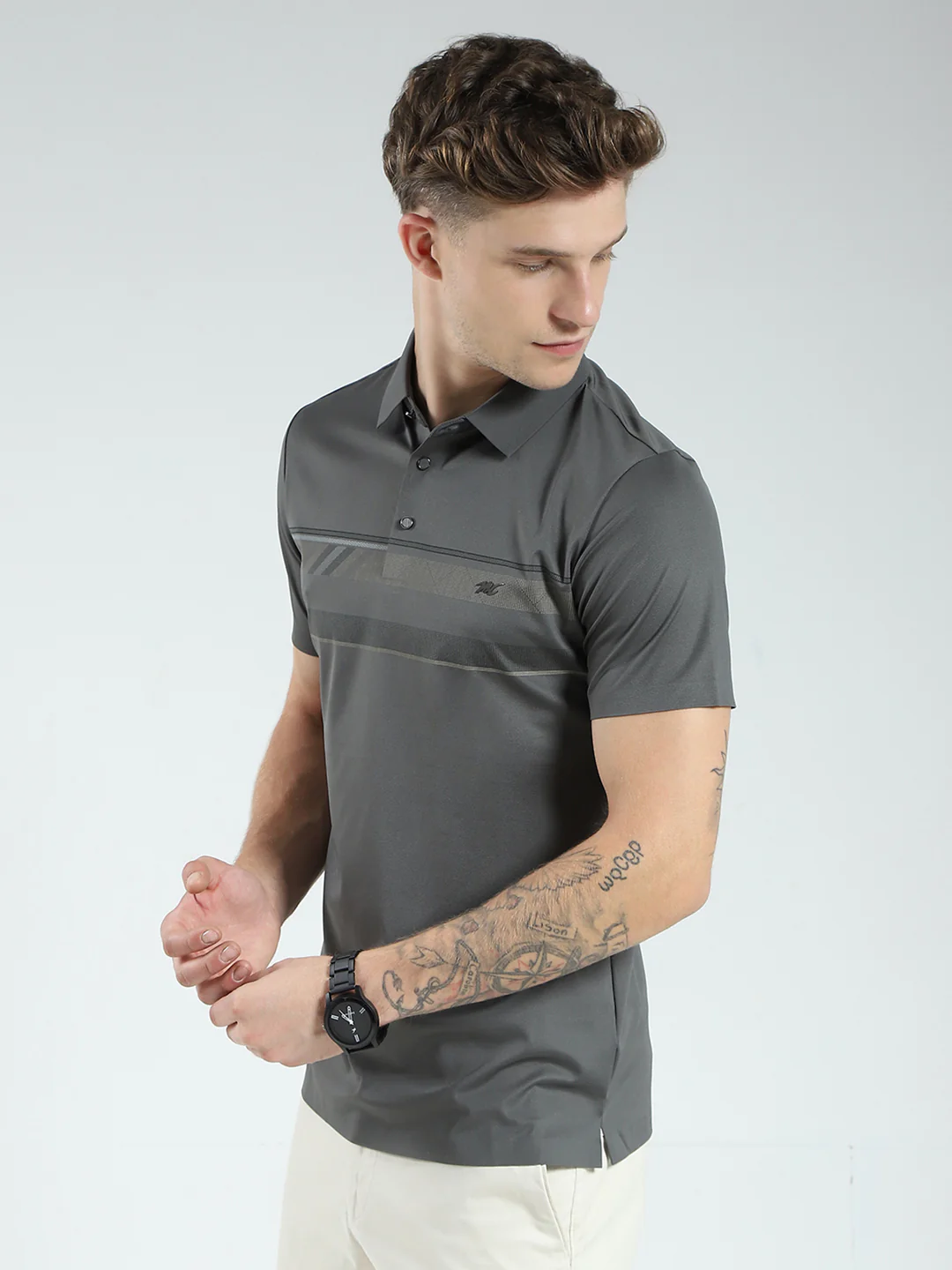 Men Charcoal Printed Collar Half Sleeve T-Shirt - Image 3