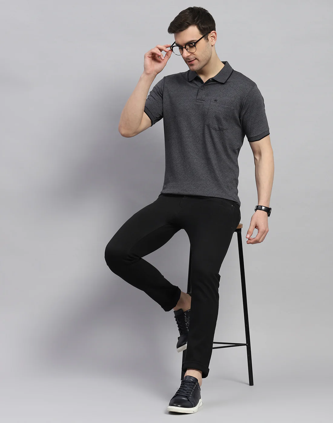 Men Charcoal Printed Polo Collar Half Sleeve T-Shirt - Image 2