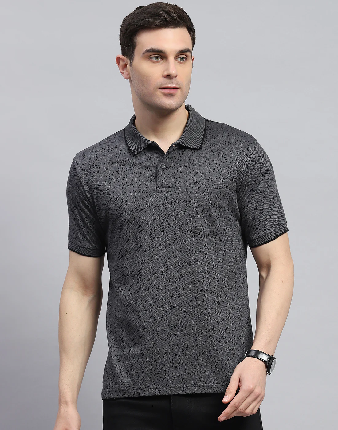 Men Charcoal Printed Polo Collar Half Sleeve T-Shirt - Image 3