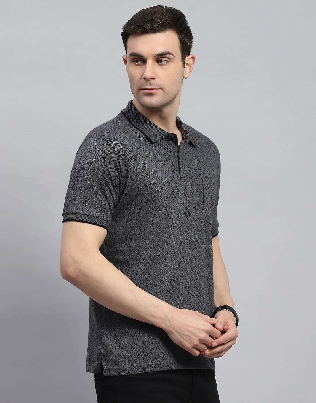 Men Charcoal Printed Polo Collar Half Sleeve T-Shirt - Image 5
