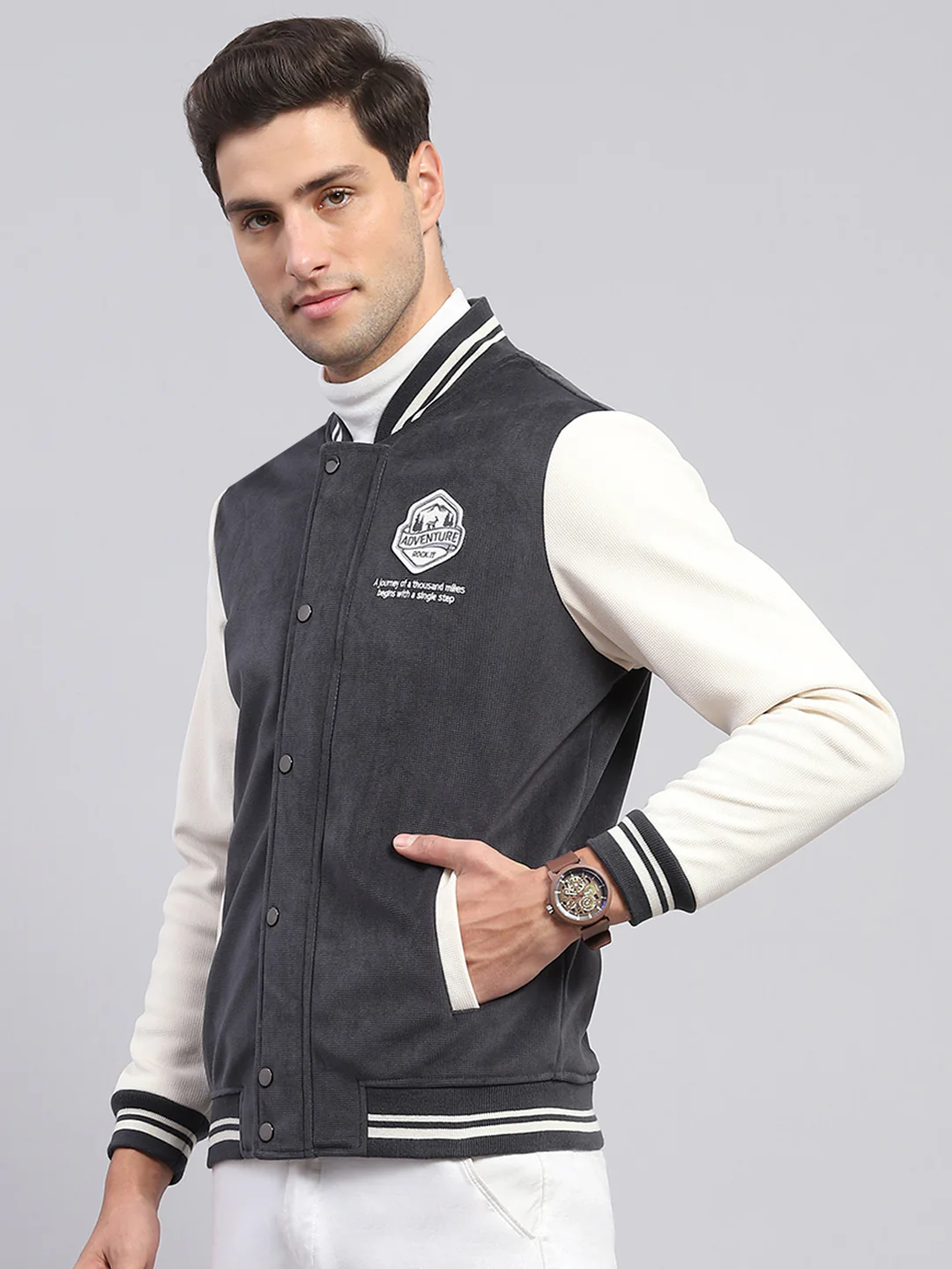 Rock.it Men Charcoal Self Design Band Collar Full Sleeve Sweatshirt - Image 3