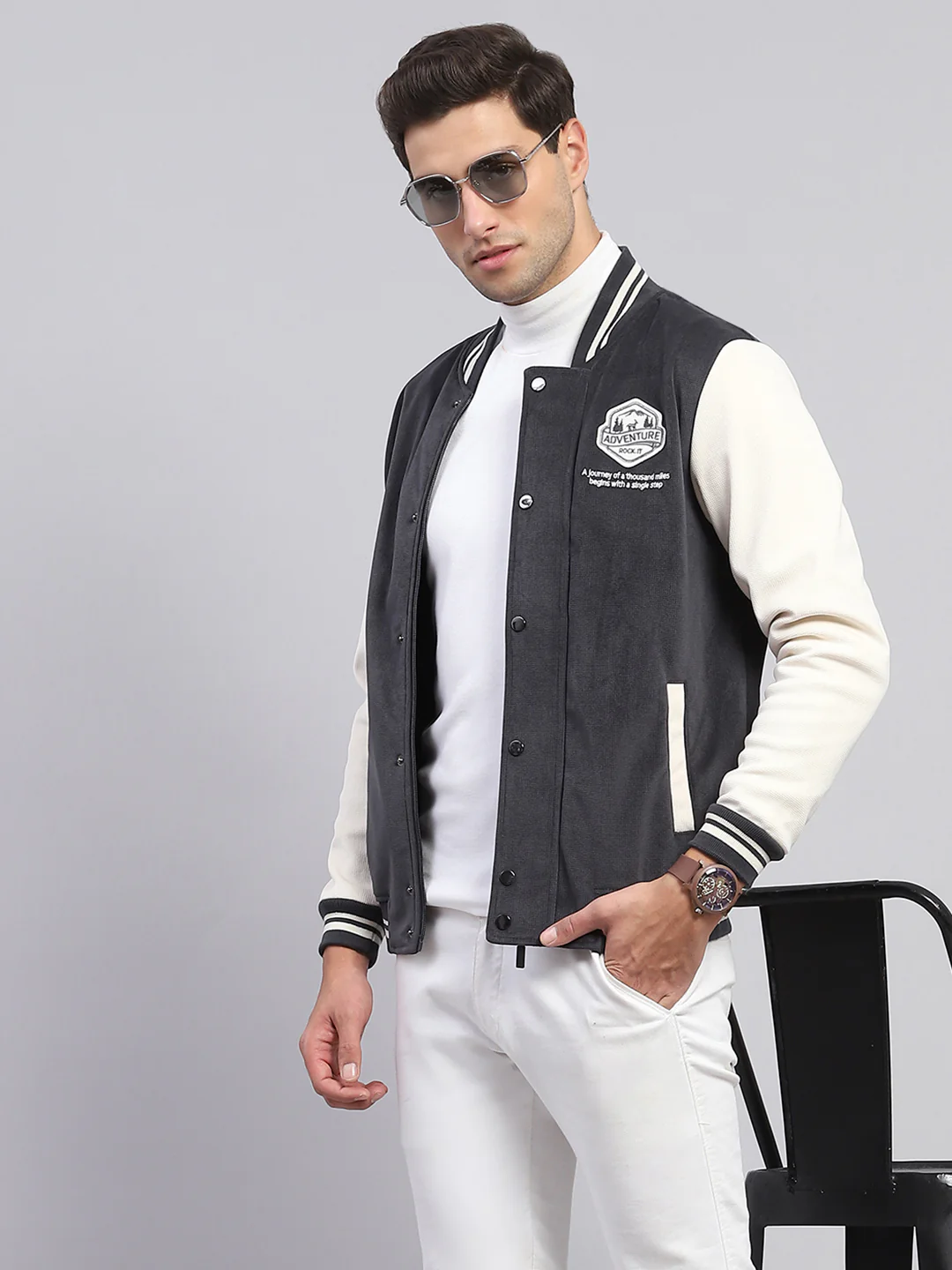 Rock.it Men Charcoal Self Design Band Collar Full Sleeve Sweatshirt - Image 6