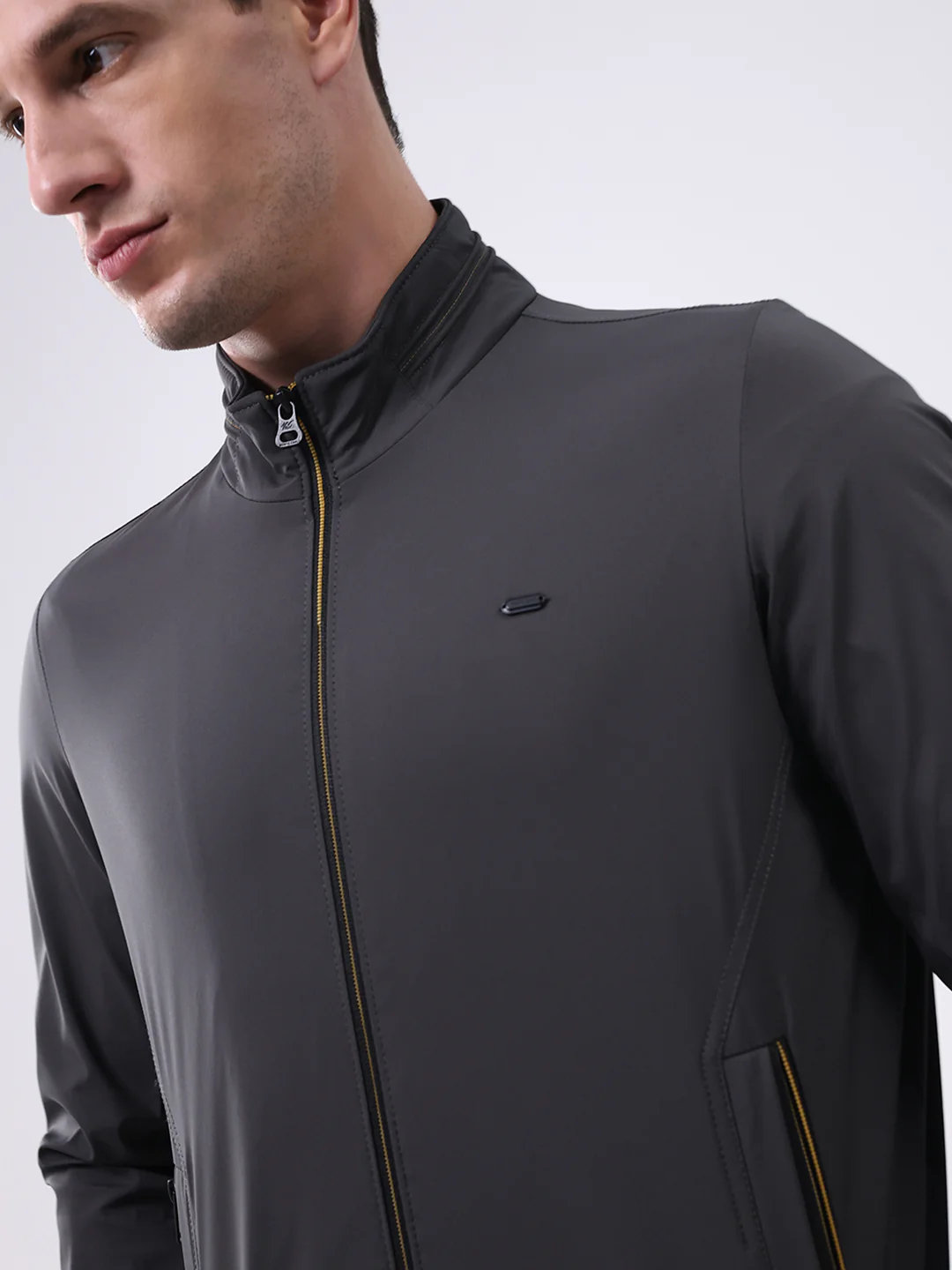 Men Charcoal Solid Mock Neck Full Sleeve Jacket - Image 6