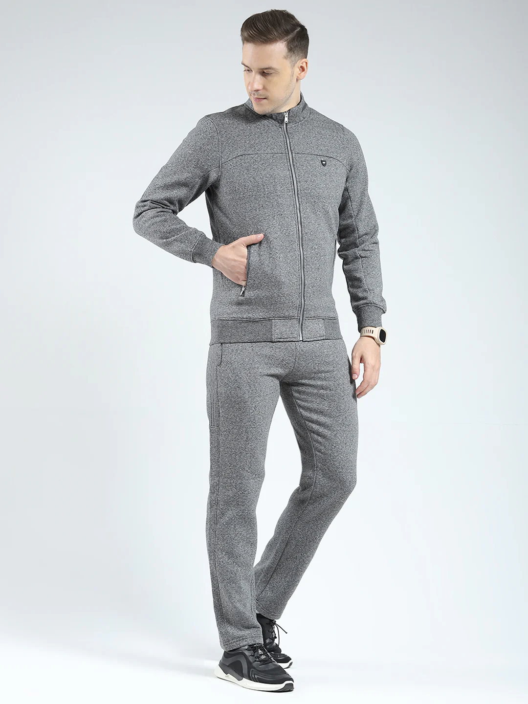 Men Charcoal Solid Mock Neck Full Sleeve Winter Tracksuit - Image 4