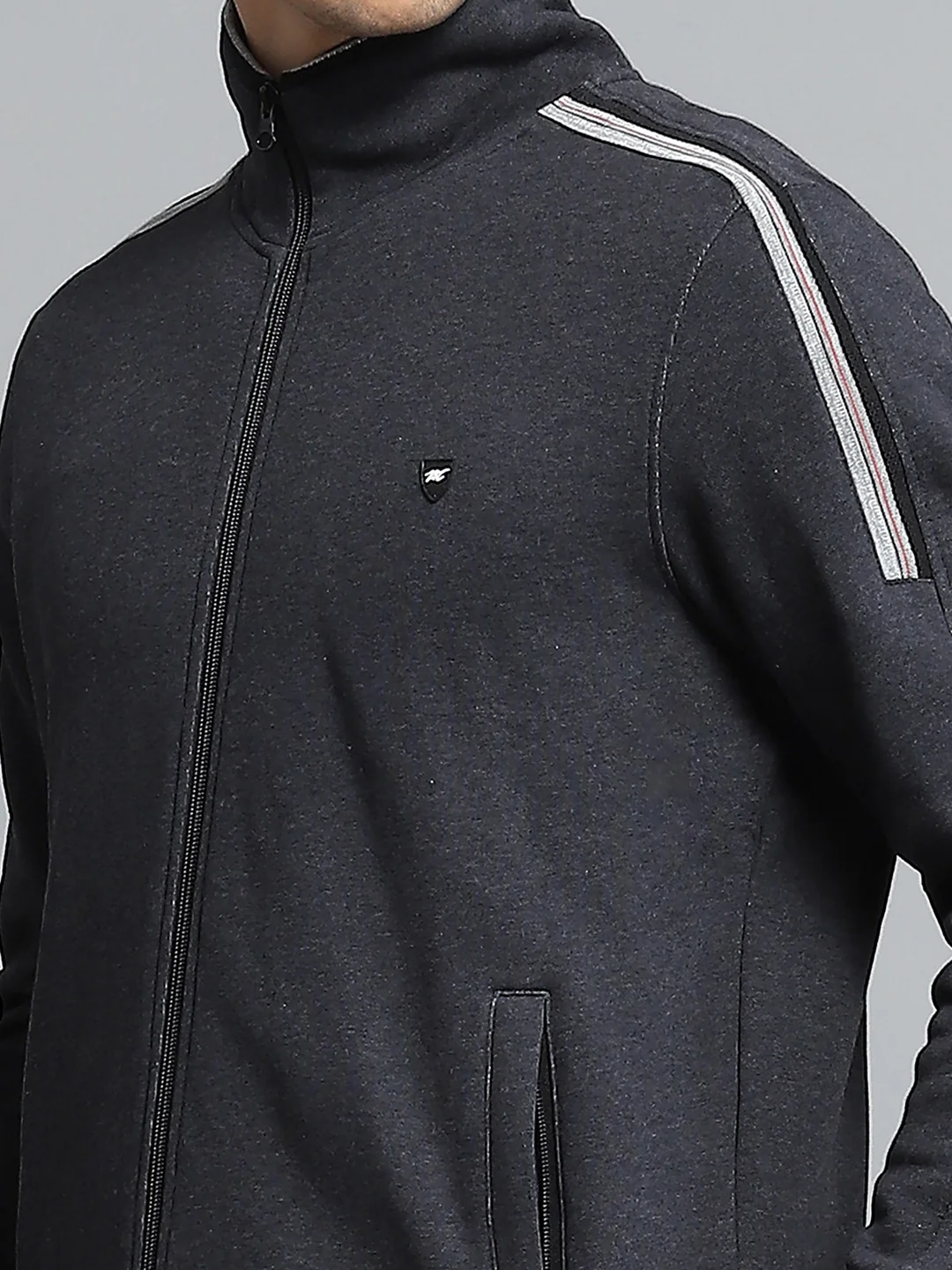 Men Charcoal Solid Mock Neck Full Sleeve Winter Tracksuit - Image 7