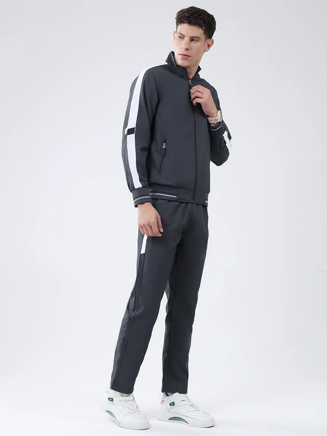 Men Charcoal Solid Mock Neck Full Sleeve Winter Tracksuit - Image 4