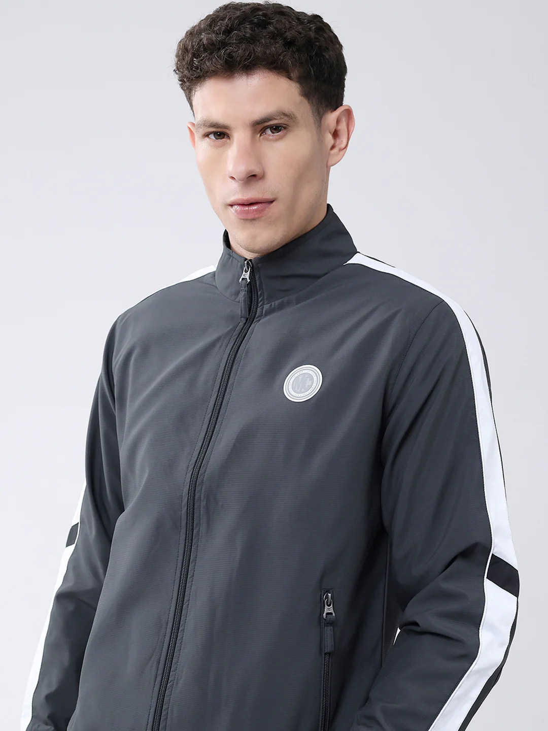 Men Charcoal Solid Mock Neck Full Sleeve Winter Tracksuit - Image 6