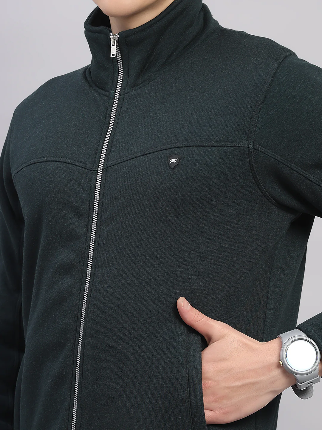 Men Olive Solid Stand Collar Full Sleeve Winter Tracksuit - Image 8