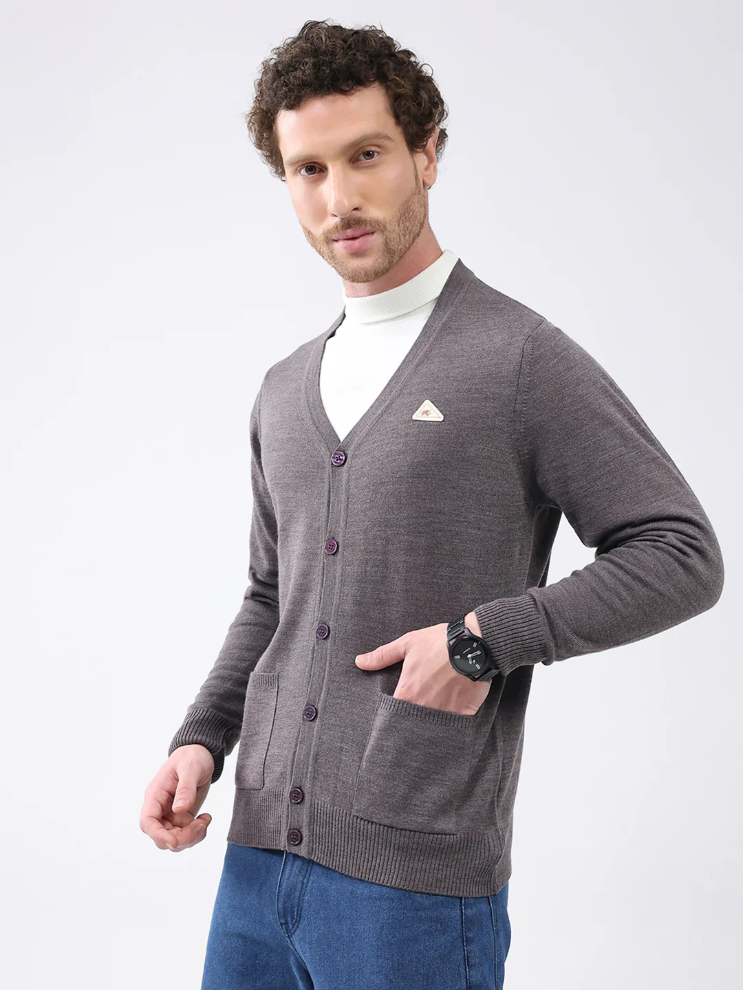 Men Charcoal Solid V Neck Full Sleeve Cardigan - Image 3