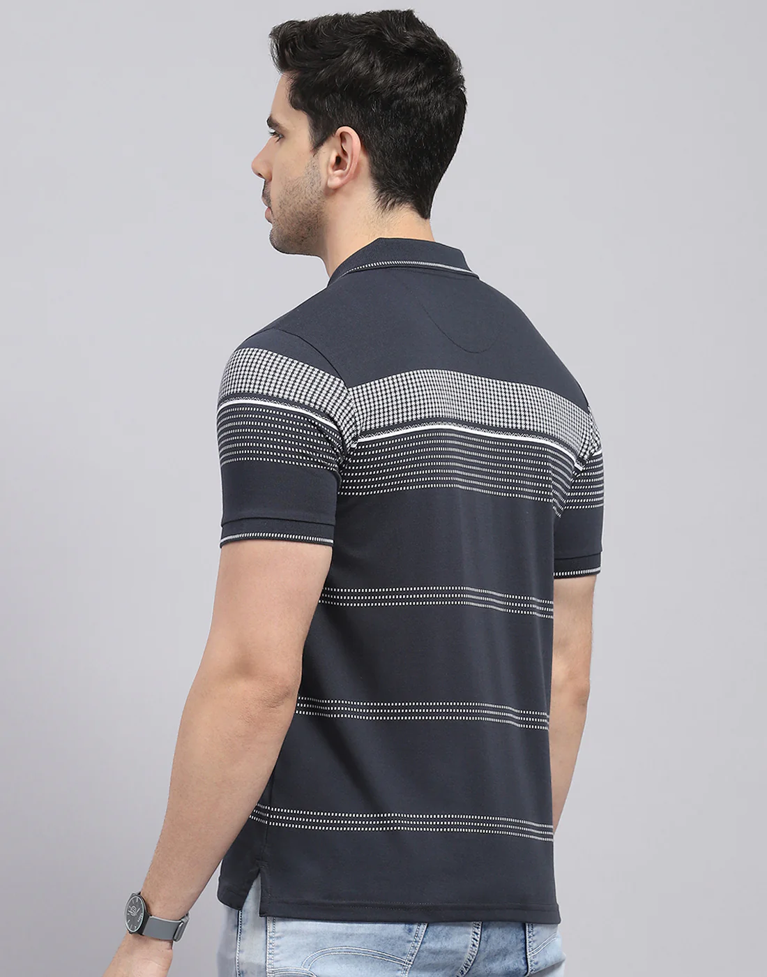 Men Charcoal Stripe Polo Collar Half Sleeve T-Shirt - Image 5