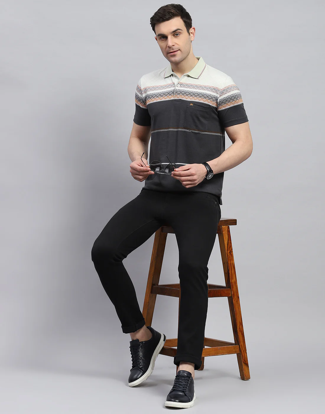 Men Charcoal Stripe Polo Collar Half Sleeve T-Shirt - Image 2