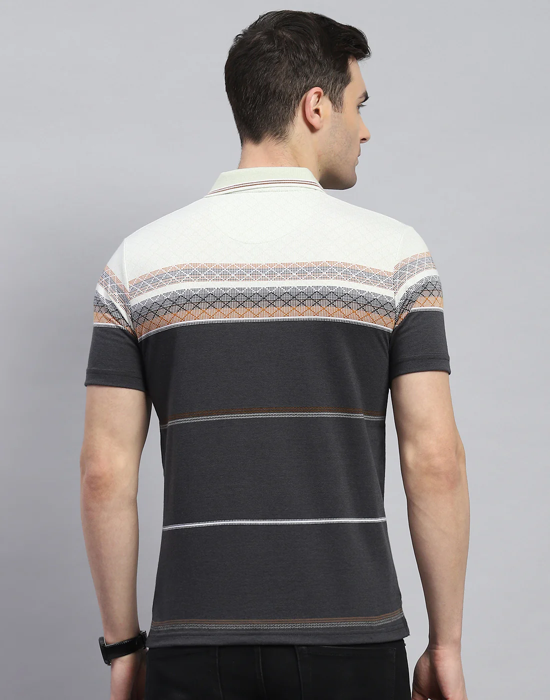 Men Charcoal Stripe Polo Collar Half Sleeve T-Shirt - Image 6