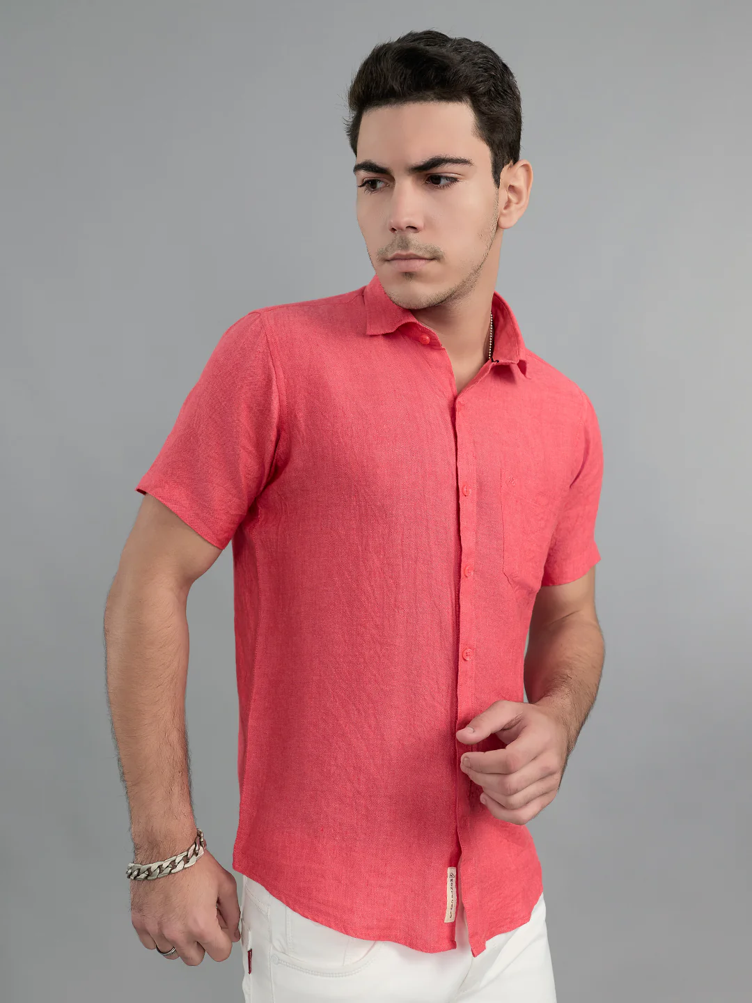Men Coral Solid Collar Half Sleeve Shirt - Image 3