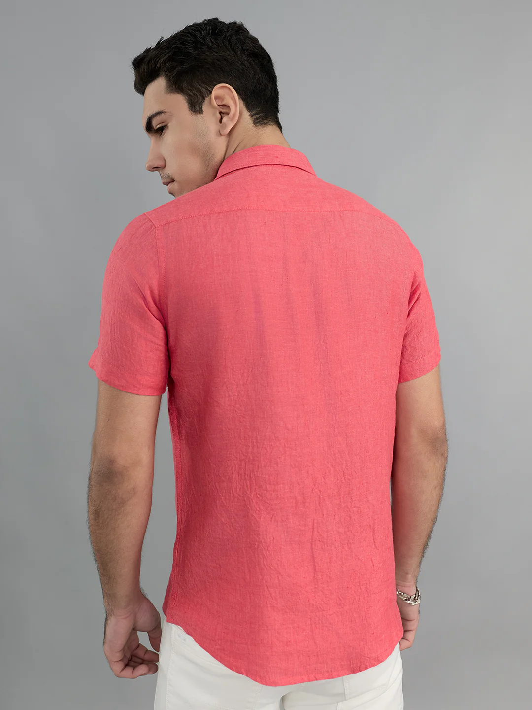 Men Coral Solid Collar Half Sleeve Shirt - Image 4