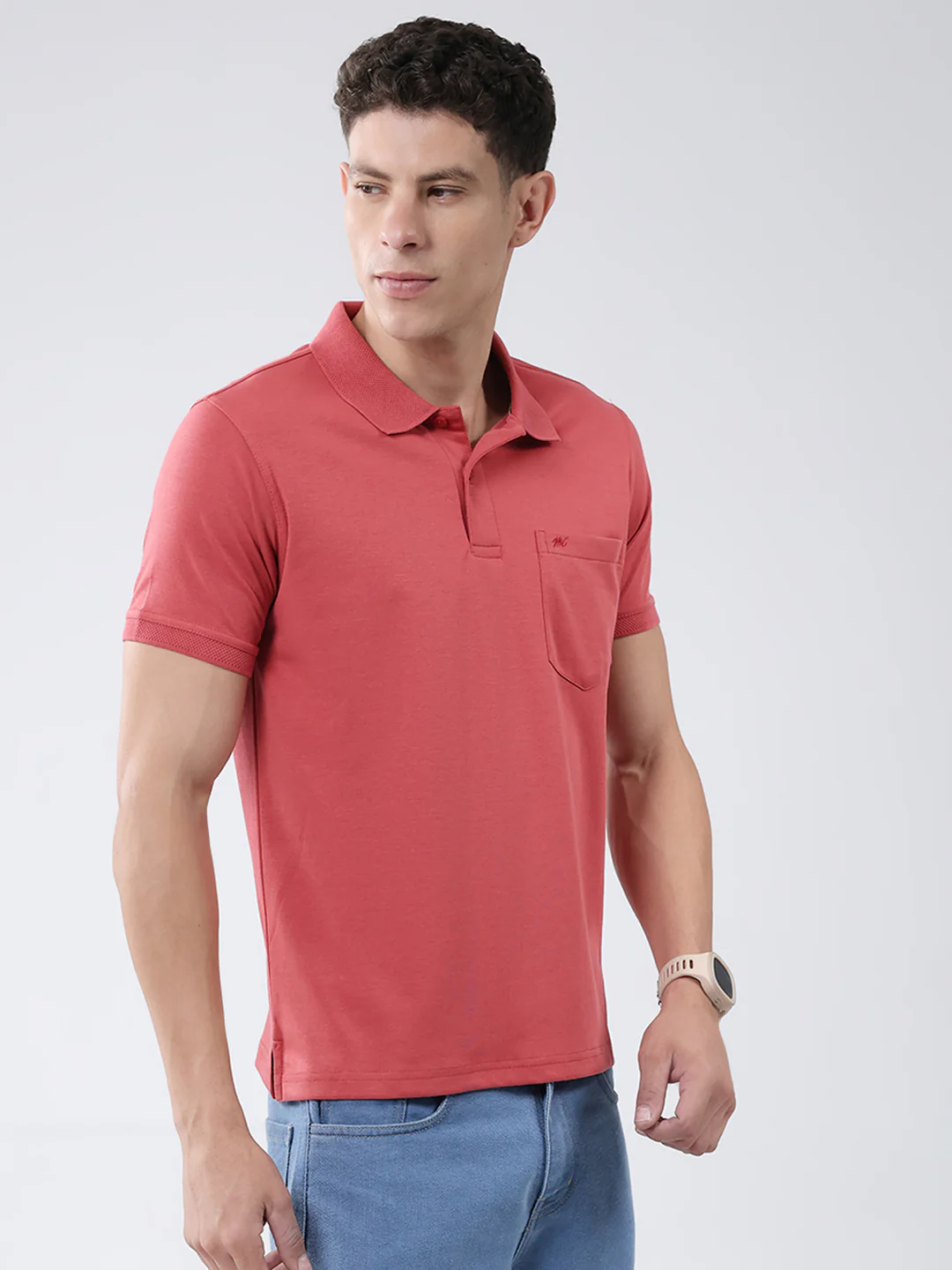 Men Coral Solid Collar Half Sleeve T-Shirt - Image 4