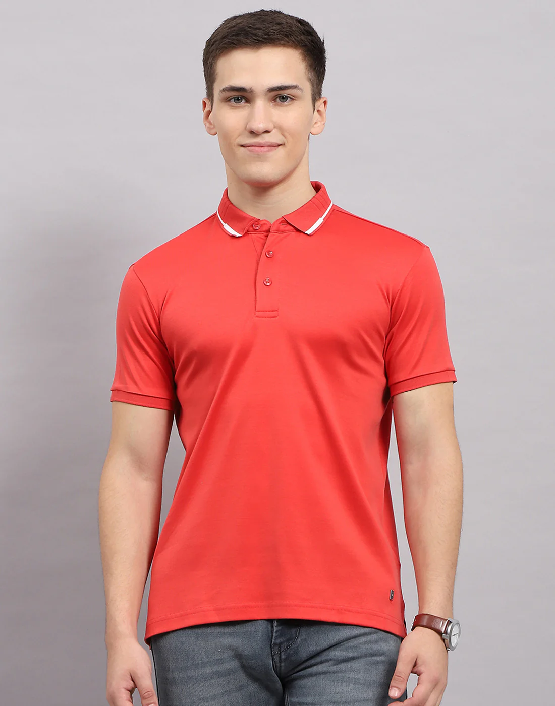 Men Coral Solid Polo Collar Half Sleeve T-Shirt - Image 2