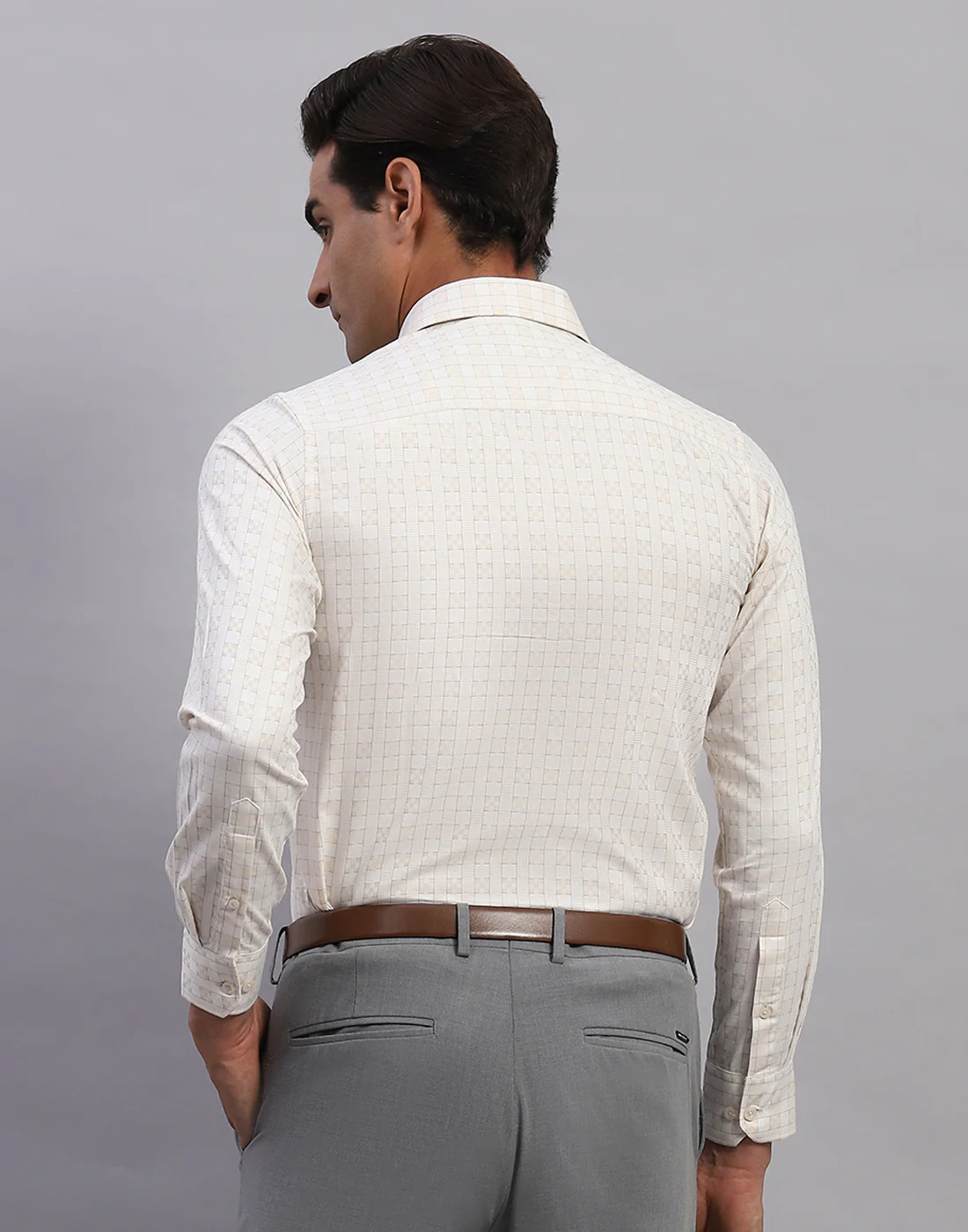 Men Cream Check Collar Full Sleeve Shirt - Image 5