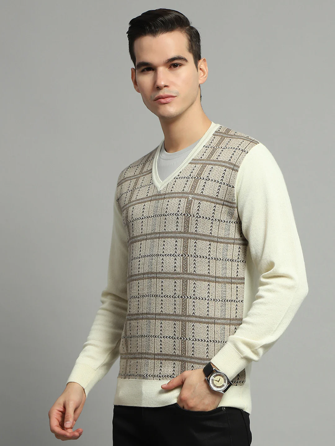 Luxuria Men Cream Check V Neck Full Sleeve Pullover - Image 3