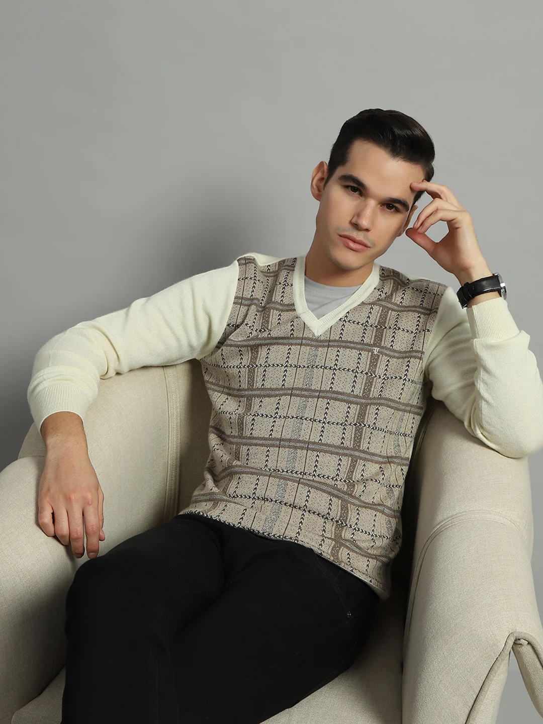 Luxuria Men Cream Check V Neck Full Sleeve Pullover - Image 6