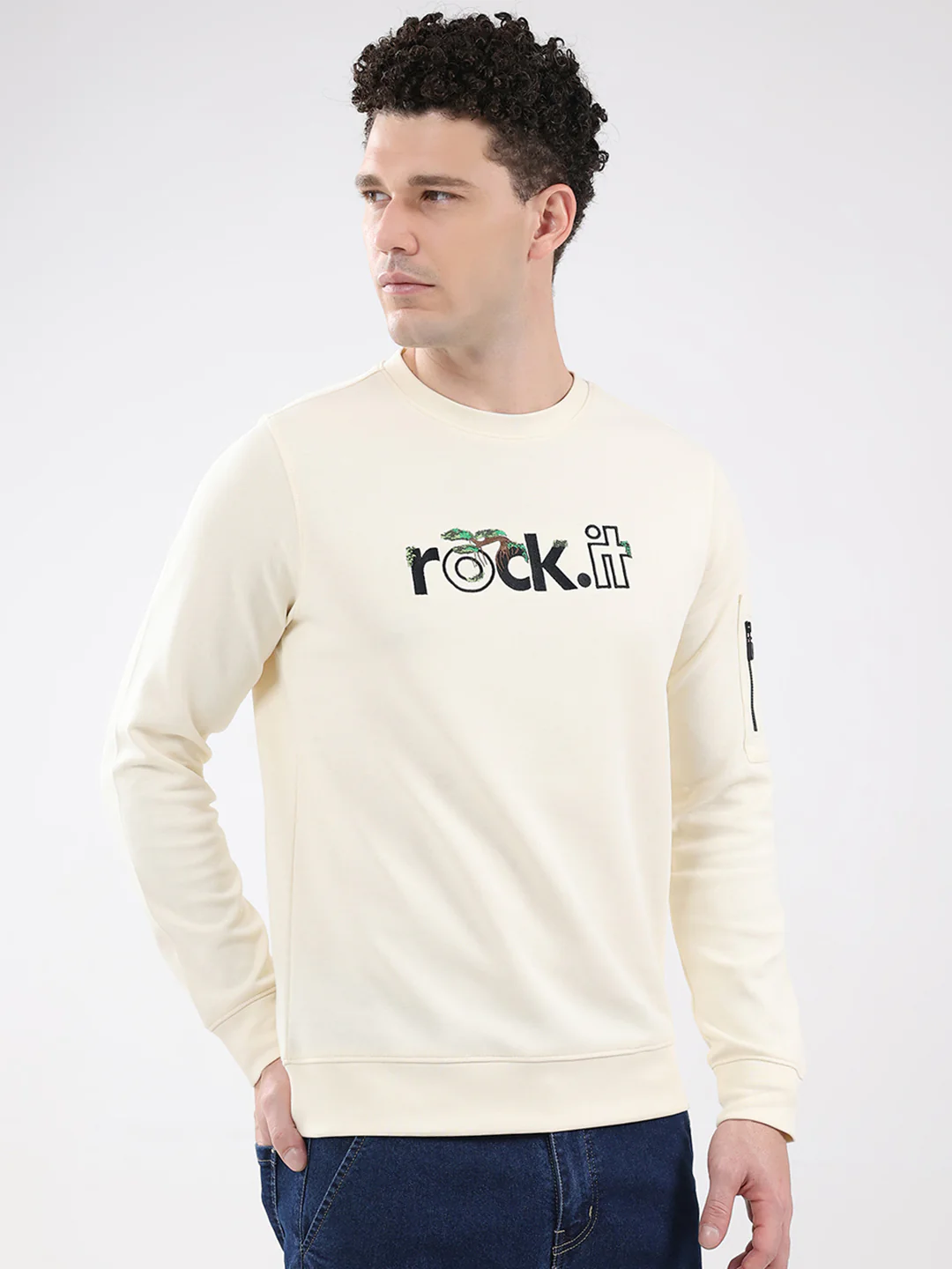 Rock.it Men Cream Embroidered Round Neck Full Sleeve Sweatshirt - Image 4