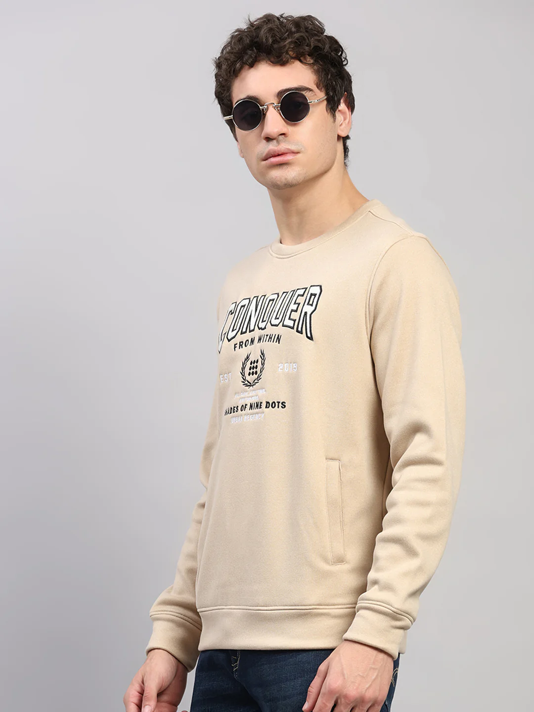 Rock.it Men Cream Embroidered Round Neck Full Sleeve Sweatshirt - Image 3