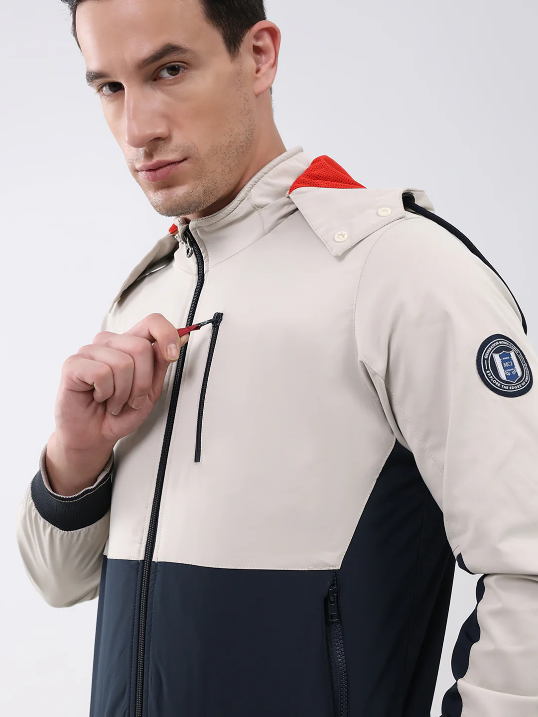Men Cream & Navy Blue Solid Detachable Hood Full Sleeve Jacket - Image 6