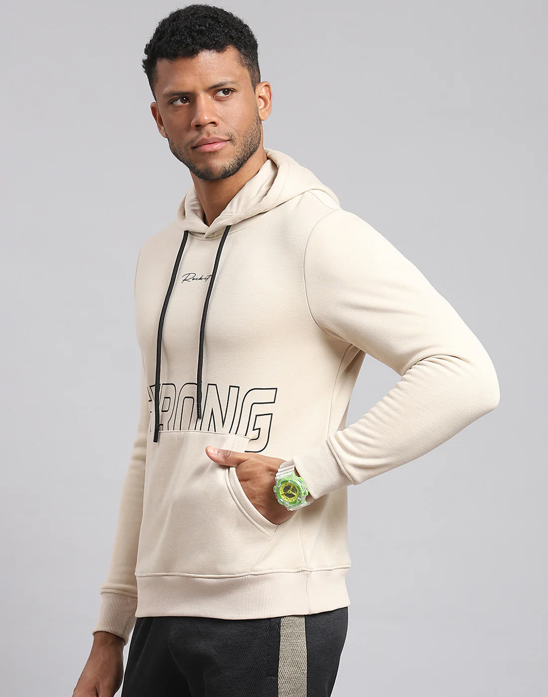 Rock.it Men Cream Printed Hooded Full Sleeve Sweatshirt - Image 3