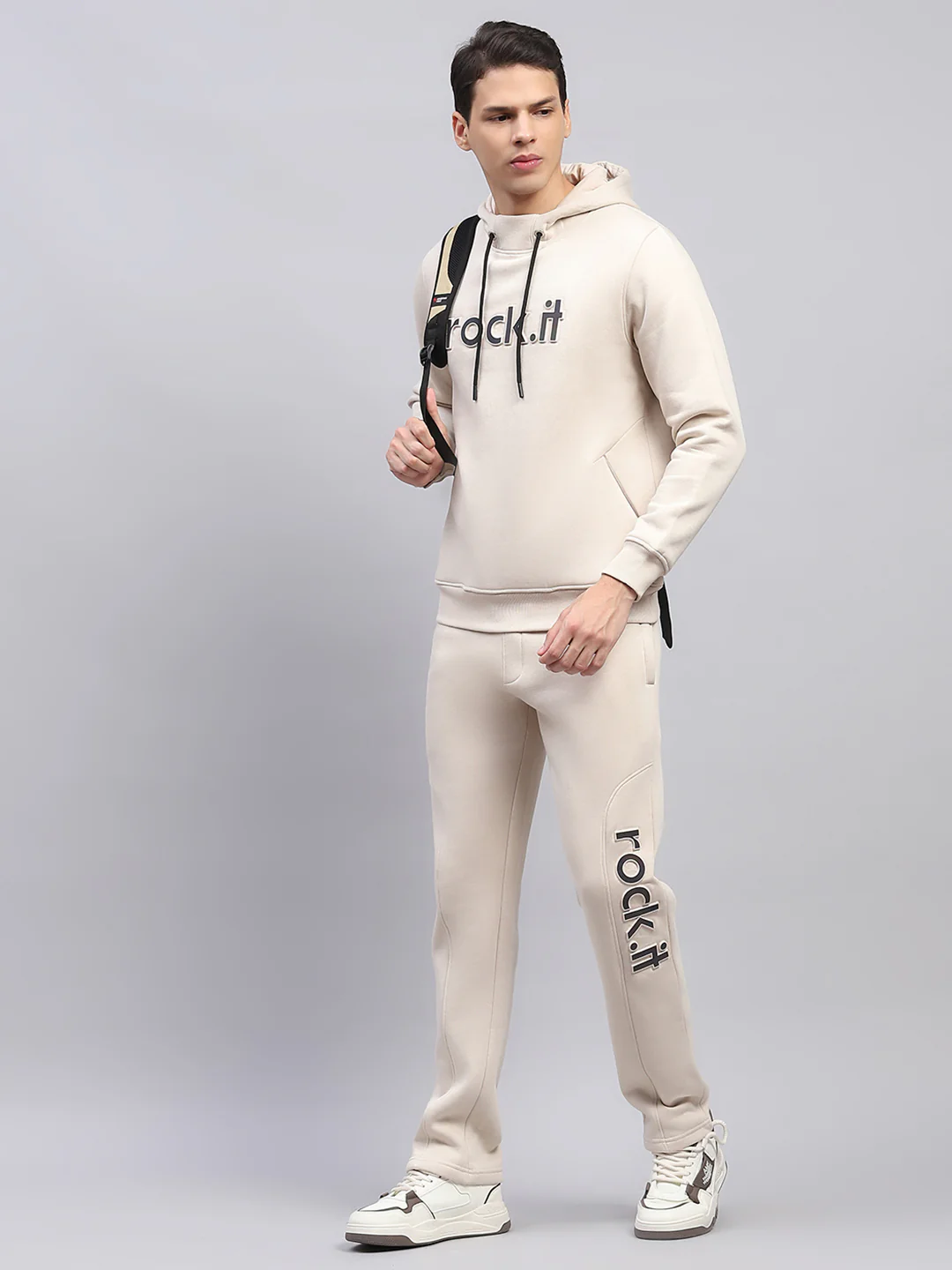 Rock.it Men Cream Printed Hooded Full Sleeve Winter Tracksuit - Image 2