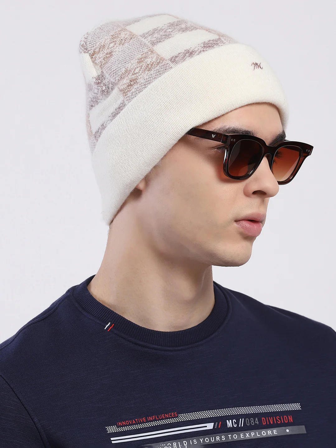 Men Cream Self Design Angoora Cap - Image 4